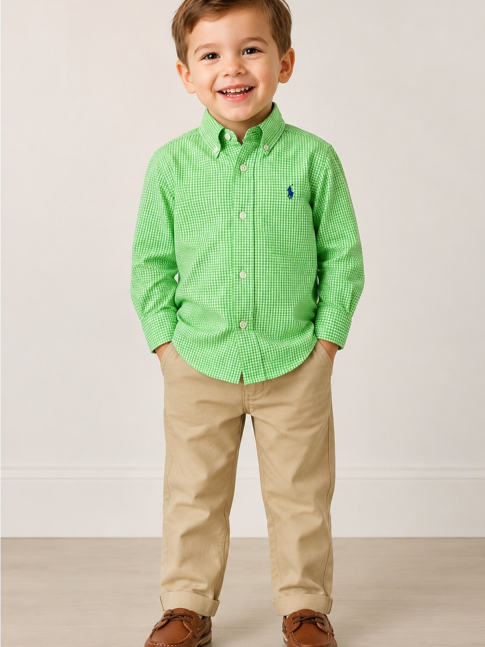 Ralph Lauren Bright Green Gingham Button-Down Shirt. 3T